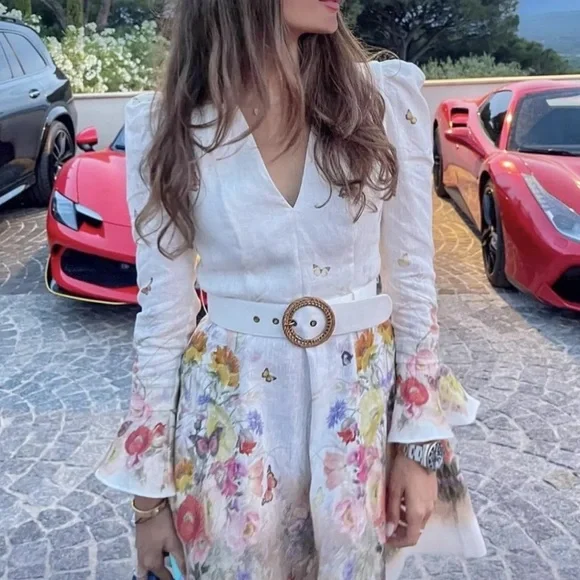 Zimmermann White Floral-Print Midi Dress with Belt - Picture 3 of 6